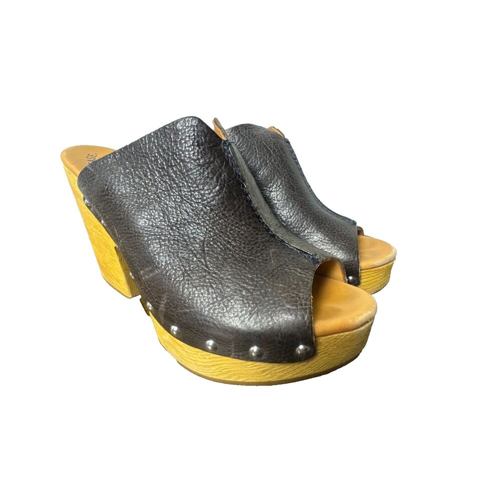 Kork-Ease Brown Leather Platform Wedge Slide Clogs Womens 9 Boho Comfort - Picture 10 of 11